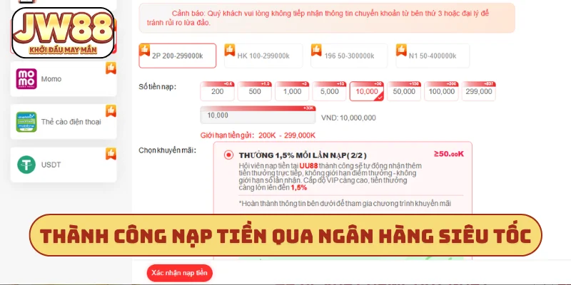 Thành công nạp tiền qua ngân hàng siêu tốc